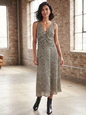 Twist-Front Black & Cream Printed Midi Dress